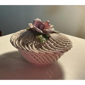 6” Vintage Italian Ceramic Woven White Basket Handpainted Floral Design